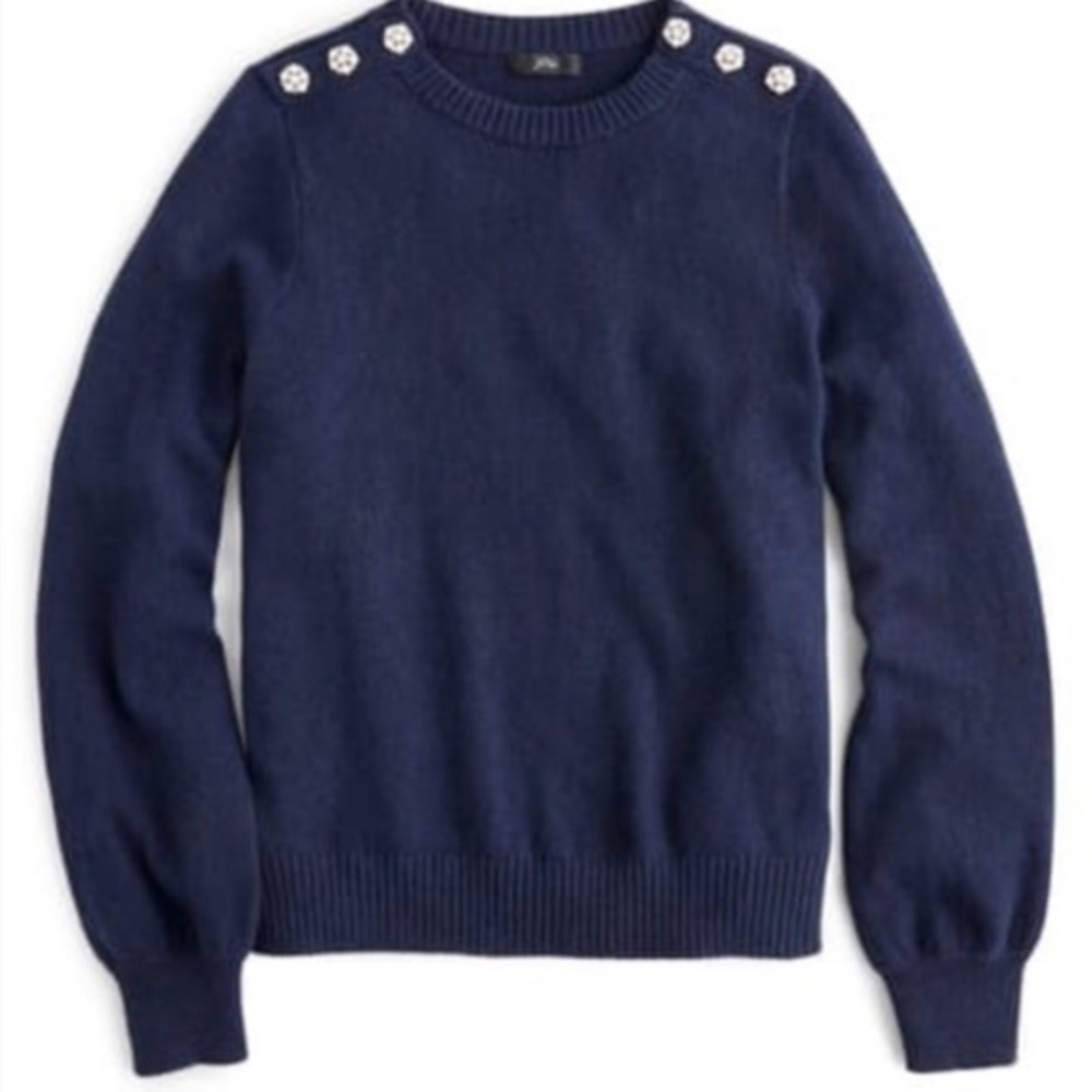 NWT J. Crew Crewneck Wool Blend Sweater With Jeweled Buttons Navy Size M